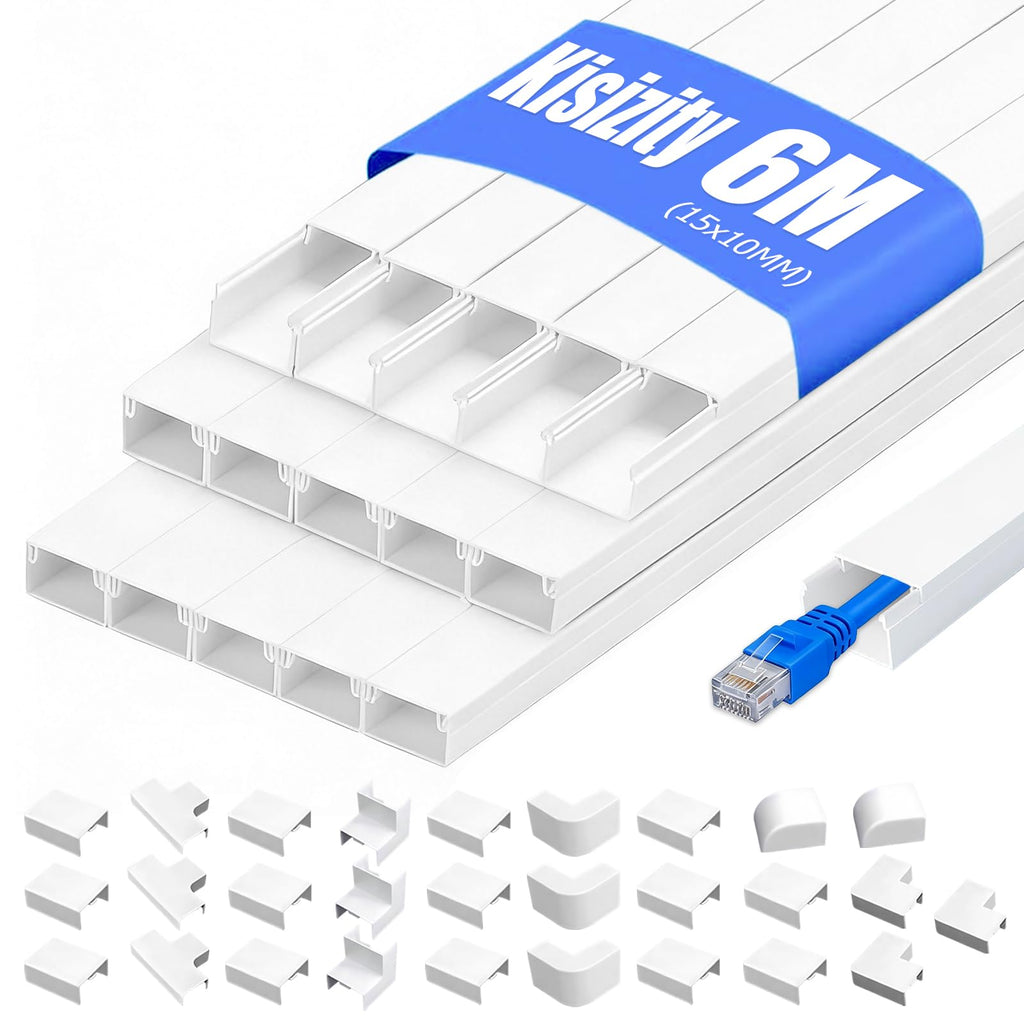 6m Kabelkanal Weiß Selbstklebend, 15 Stück L40cm x W15 x H10mm PVC Kabelschacht Weiss zum Verstecken von Kabel, Kabelleiste für die Wand, Schnelle Verklebung, kein Bohren erforderlich