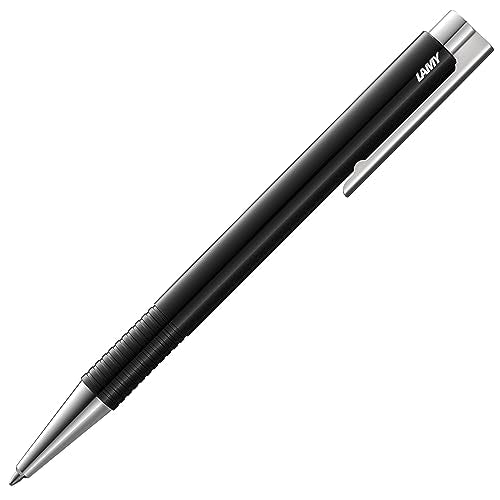 LAMY logo M+ Kugelschreiber 204 aus bruchfestem Kunststoff in der Farbe schwarz mit verchromter Spitze und Drücker, inkl. Großraummine LAMY M 16 Strichbreite M in blau