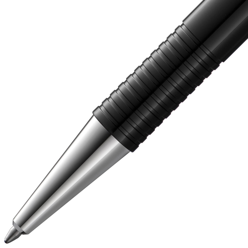 LAMY logo M+ Kugelschreiber 204 aus bruchfestem Kunststoff in der Farbe schwarz mit verchromter Spitze und Drücker, inkl. Großraummine LAMY M 16 Strichbreite M in blau