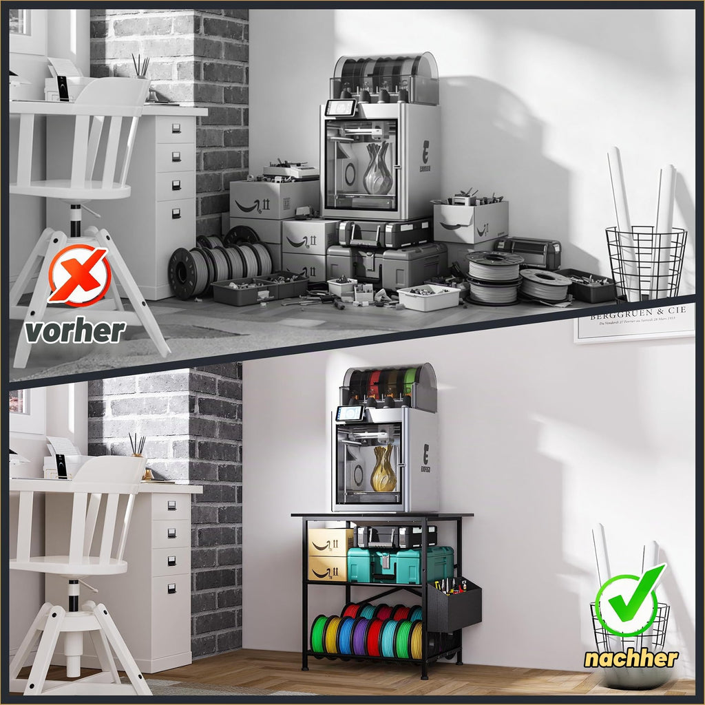 3D Druckertisch, 3 Stöckiger Druckerständer, Metall Druckerschrank mit Filament Aufbewahrung und Seitentasche, Druckerregal zur Standfuß für Büro, Zuhause, Schule, Werkstatt (Schwarz)