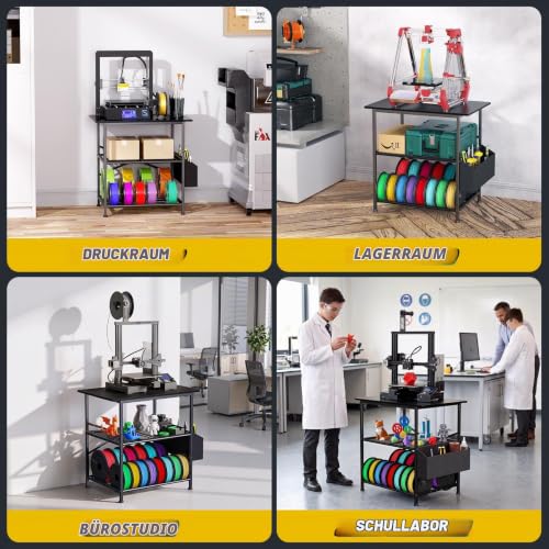 3D Druckertisch, 3 Stöckiger Druckerständer, Metall Druckerschrank mit Filament Aufbewahrung und Seitentasche, Druckerregal zur Standfuß für Büro, Zuhause, Schule, Werkstatt (Schwarz)