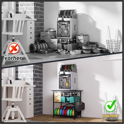 3D Druckertisch, 3 Stöckiger Druckerständer, Metall Druckerschrank mit Filament Aufbewahrung und Seitentasche, Druckerregal zur Standfuß für Büro, Zuhause, Schule, Werkstatt (Schwarz)