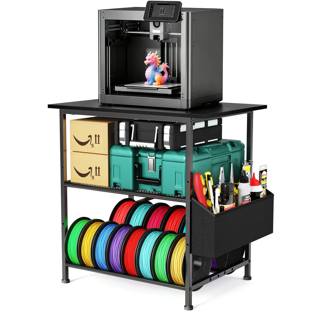 3D Druckertisch, 3 Stöckiger Druckerständer, Metall Druckerschrank mit Filament Aufbewahrung und Seitentasche, Druckerregal zur Standfuß für Büro, Zuhause, Schule, Werkstatt (Schwarz)