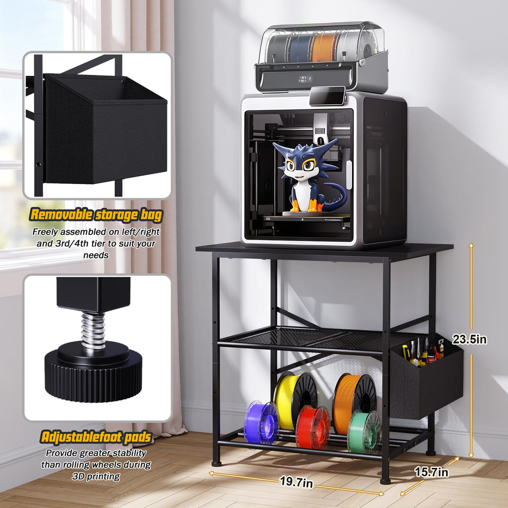 3D Druckertisch, 3 Stöckiger Druckerständer, Metall Druckerschrank mit Filament Aufbewahrung und Seitentasche, Druckerregal zur Standfuß für Büro, Zuhause, Schule, Werkstatt (Schwarz)