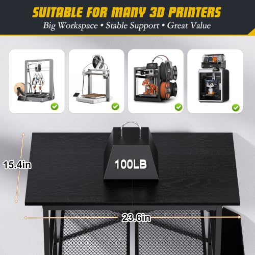 3D Druckertisch, 3 Stöckiger Druckerständer, Metall Druckerschrank mit Filament Aufbewahrung und Seitentasche, Druckerregal zur Standfuß für Büro, Zuhause, Schule, Werkstatt (Schwarz)