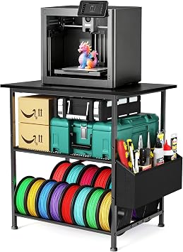 3D Druckertisch, 3 Stöckiger Druckerständer, Metall Druckerschrank mit Filament Aufbewahrung und Seitentasche, Druckerregal zur Standfuß für Büro, Zuhause, Schule, Werkstatt (Schwarz)