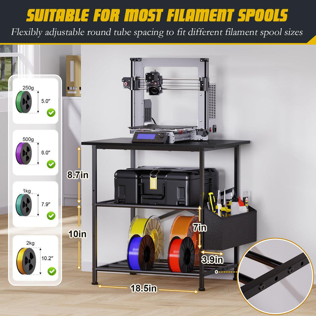 3D Druckertisch, 3 Stöckiger Druckerständer, Metall Druckerschrank mit Filament Aufbewahrung und Seitentasche, Druckerregal zur Standfuß für Büro, Zuhause, Schule, Werkstatt (Schwarz)