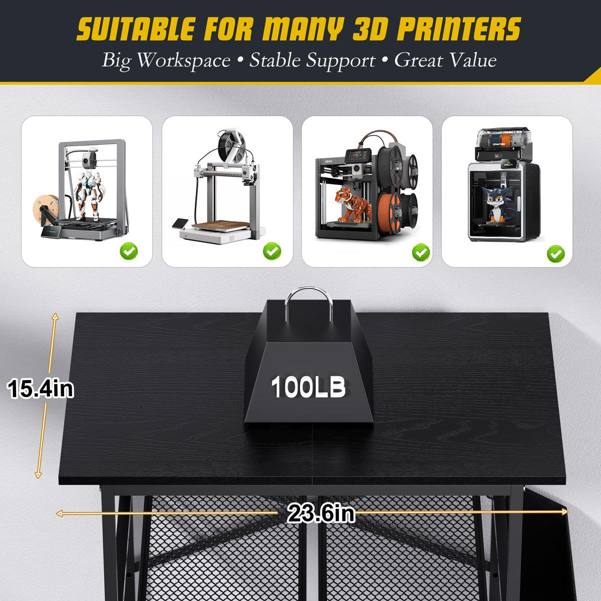 3D Druckertisch, 3 Stöckiger Druckerständer, Metall Druckerschrank mit Filament Aufbewahrung und Seitentasche, Druckerregal zur Standfuß für Büro, Zuhause, Schule, Werkstatt (Schwarz)