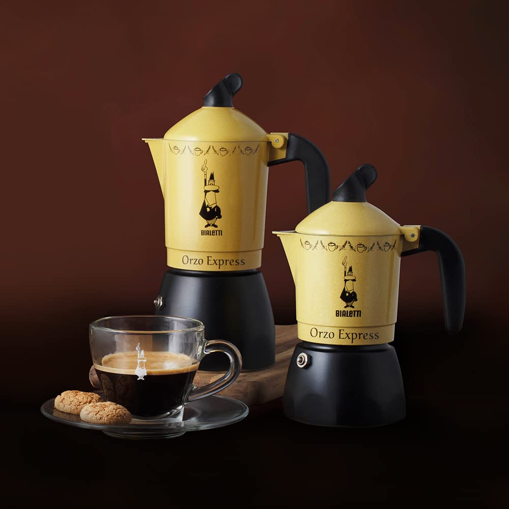 Bialetti Moka Orzo Express Caffettiera con Orziera, Alluminio, Giallo, 2 Tazze