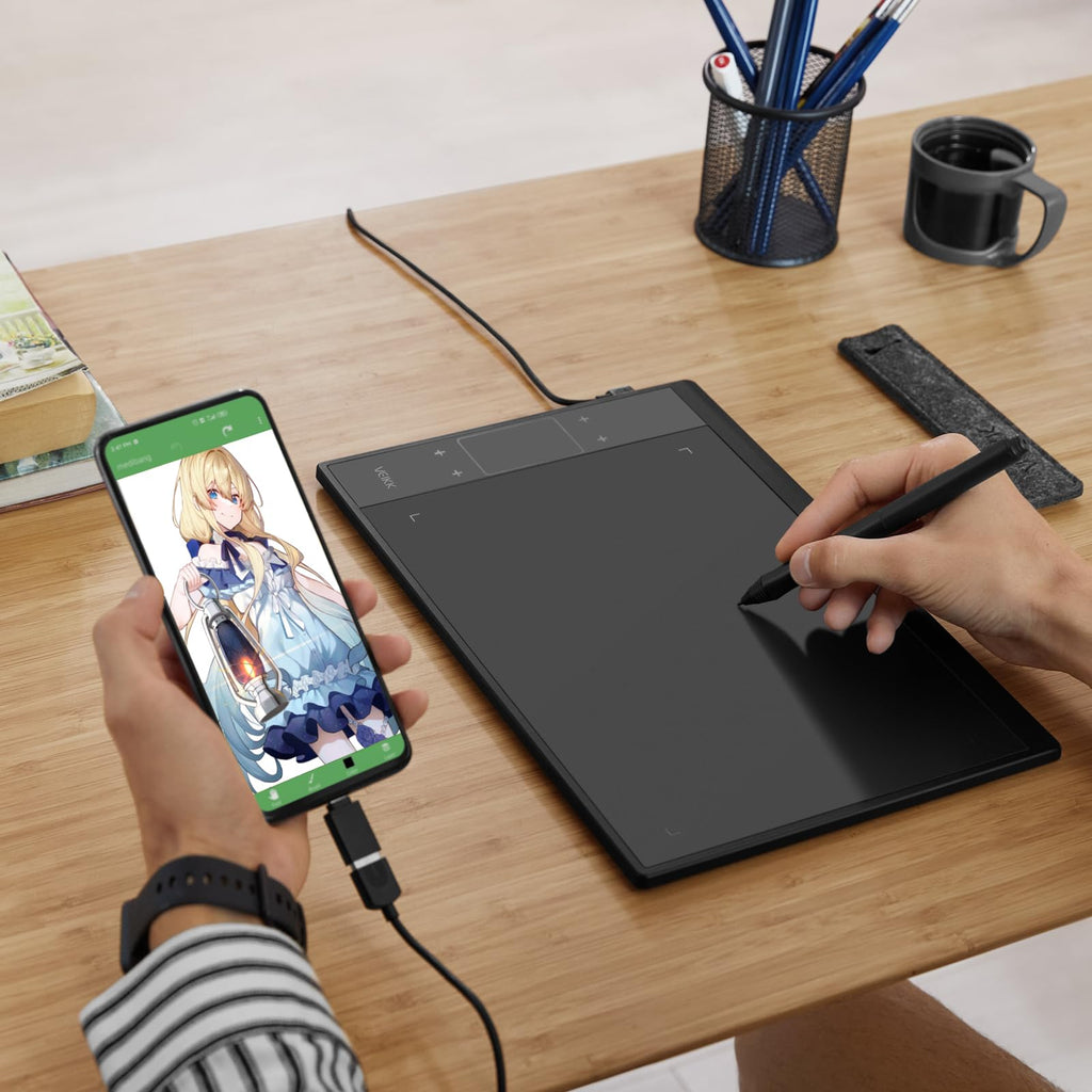 Grafiktablett VEIKK A30 V2 mit 4 Sensortasten und einem Gestenpad, 10x6 Zoll Pen Tablet mit Batterielosem Stift und 8192 Professionellen Druckstufen, Kompatibel mit Win/Linux/Android/Mac