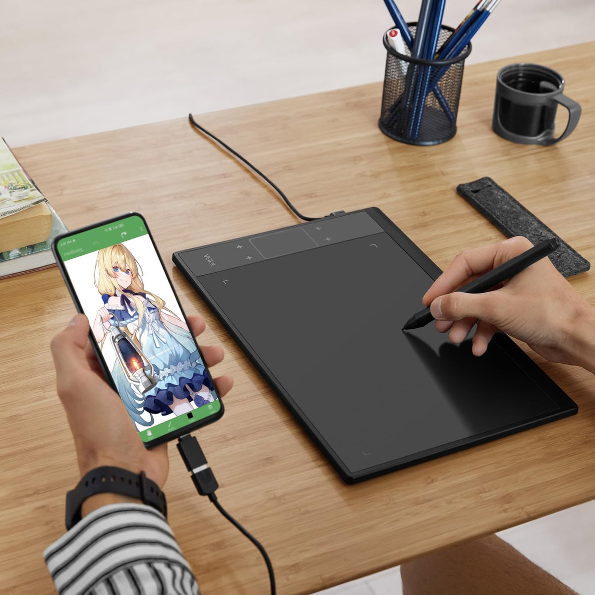 Grafiktablett VEIKK A30 V2 mit 4 Sensortasten und einem Gestenpad, 10x6 Zoll Pen Tablet mit Batterielosem Stift und 8192 Professionellen Druckstufen, Kompatibel mit Win/Linux/Android/Mac