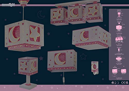 Dalber Lampe kinderzimmer, kinderlampe Pendelleuchte Hängelampe, Deckenleuchte Kinder, Deckenlampe kinderzimmer, Mond und Sterne Rosa MoonLight, 63232S, E27