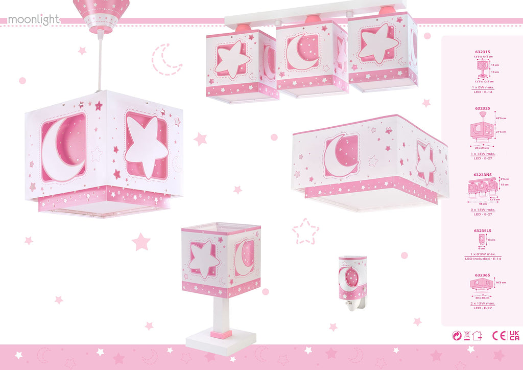 Dalber Lampe kinderzimmer, kinderlampe Pendelleuchte Hängelampe, Deckenleuchte Kinder, Deckenlampe kinderzimmer, Mond und Sterne Rosa MoonLight, 63232S, E27