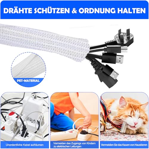 Taiyeestar 5 Meter Kabelschlauch Weiß, 6mm/10mm/13mm Kabelschutzschlauch, Kabel Verstecken, Kabelkanal Flexibel Gewebeschlauch, Kabelschlauch Selbstschließend für Schreibtisch, TV, Computer, 5-10mm