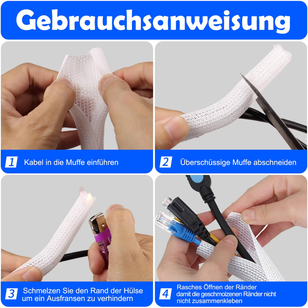 Taiyeestar 5 Meter Kabelschlauch Weiß, 6mm/10mm/13mm Kabelschutzschlauch, Kabel Verstecken, Kabelkanal Flexibel Gewebeschlauch, Kabelschlauch Selbstschließend für Schreibtisch, TV, Computer, 5-10mm