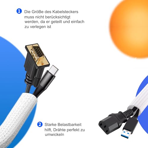Taiyeestar 5 Meter Kabelschlauch Weiß, 6mm/10mm/13mm Kabelschutzschlauch, Kabel Verstecken, Kabelkanal Flexibel Gewebeschlauch, Kabelschlauch Selbstschließend für Schreibtisch, TV, Computer, 5-10mm