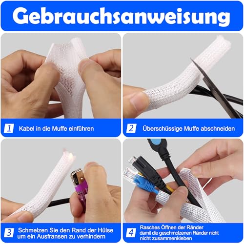Taiyeestar 5 Meter Kabelschlauch Weiß, 6mm/10mm/13mm Kabelschutzschlauch, Kabel Verstecken, Kabelkanal Flexibel Gewebeschlauch, Kabelschlauch Selbstschließend für Schreibtisch, TV, Computer, 5-10mm