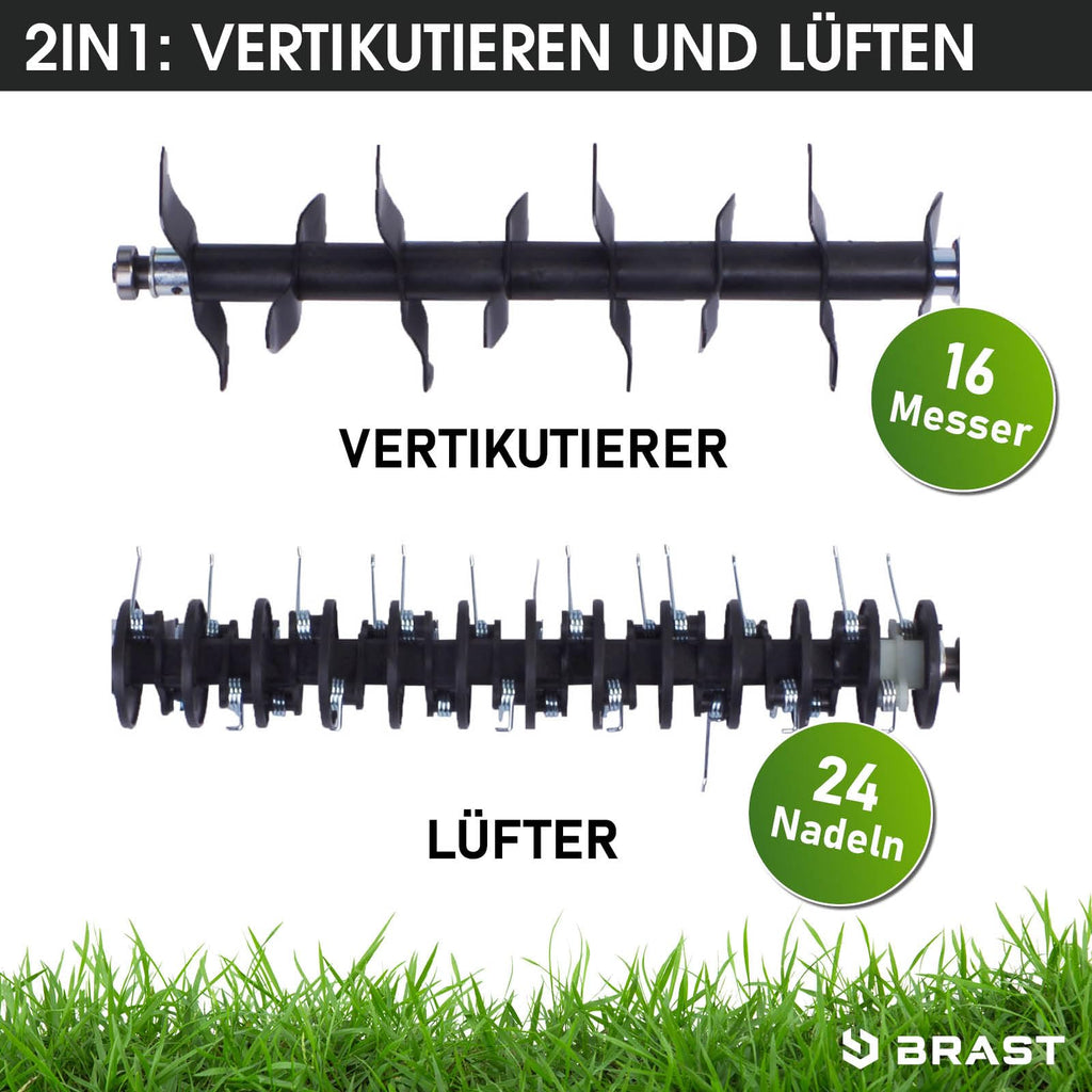 BRAST Vertikutierer Elektro Rasenlüfter | 1500-2000 Watt | 32-40cm Arbeitsbreite | 3 Modelle | großer Fangkorb Transportgriff & Klappbar | für kleine bis sehr große Rasenflächen | BRE-RV-3800