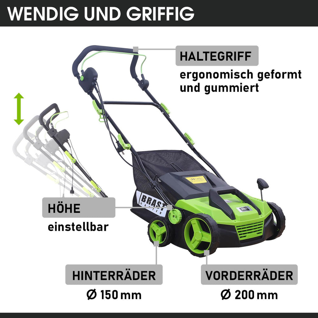 BRAST Vertikutierer Elektro Rasenlüfter | 1500-2000 Watt | 32-40cm Arbeitsbreite | 3 Modelle | großer Fangkorb Transportgriff & Klappbar | für kleine bis sehr große Rasenflächen | BRE-RV-3800