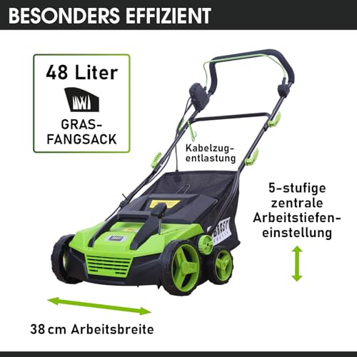 BRAST Vertikutierer Elektro Rasenlüfter | 1500-2000 Watt | 32-40cm Arbeitsbreite | 3 Modelle | großer Fangkorb Transportgriff & Klappbar | für kleine bis sehr große Rasenflächen | BRE-RV-3800