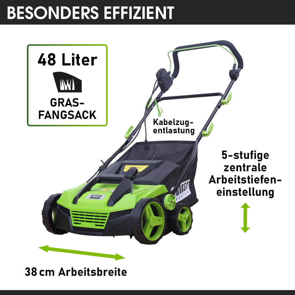 BRAST Vertikutierer Elektro Rasenlüfter | 1500-2000 Watt | 32-40cm Arbeitsbreite | 3 Modelle | großer Fangkorb Transportgriff & Klappbar | für kleine bis sehr große Rasenflächen | BRE-RV-3800