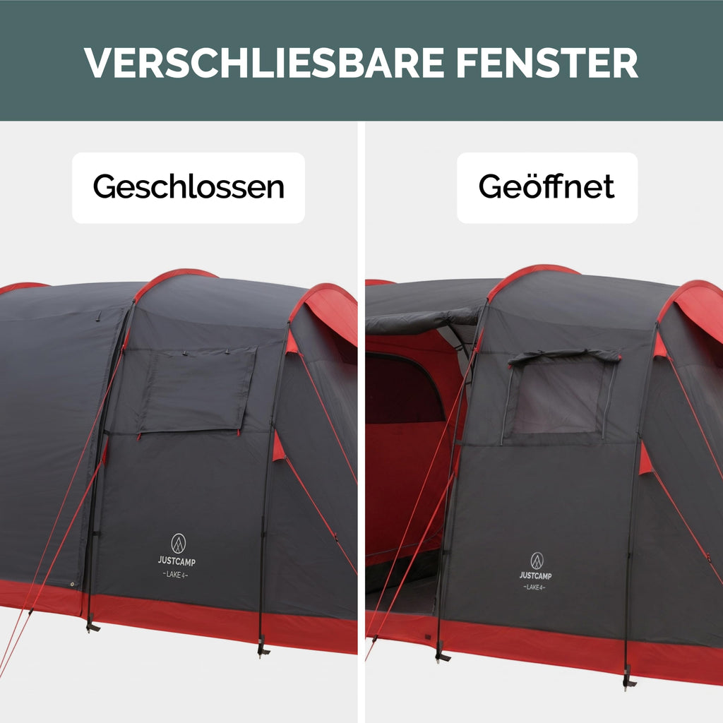 JUSTCAMP Lake Familienzelt für 4 Personen - wasserdichtes Tunnelzelt mit 2 Schlafkabinen, großem Vorraum & Stehhöhe - Campingzelt mit eingenähtem Boden, Moskitonetz und 2 Eingängen