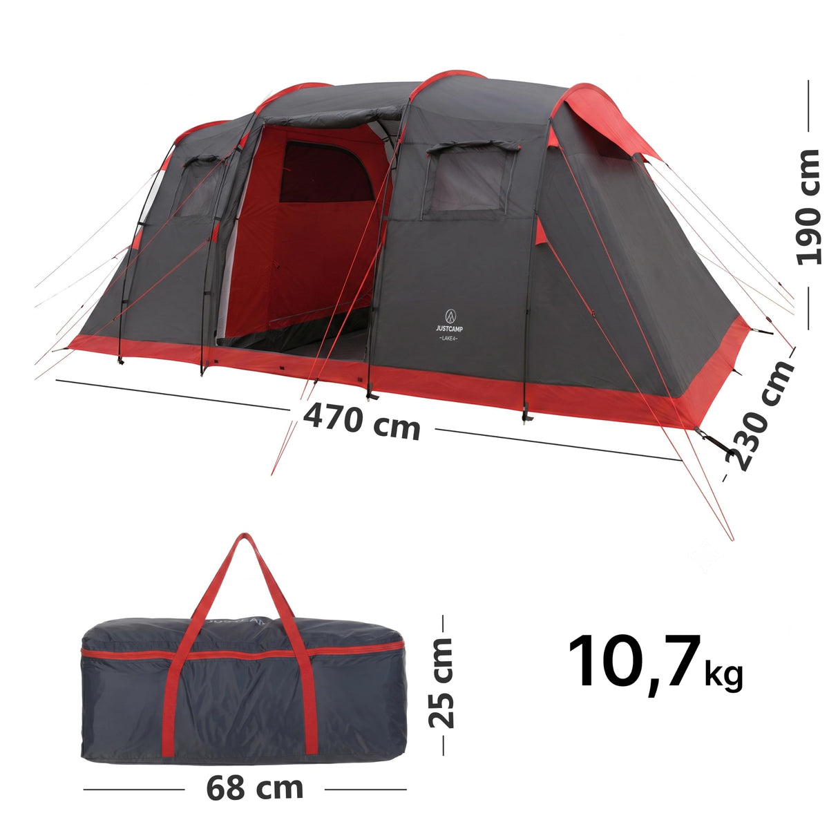 JUSTCAMP Lake Familienzelt für 4 Personen - wasserdichtes Tunnelzelt mit 2 Schlafkabinen, großem Vorraum & Stehhöhe - Campingzelt mit eingenähtem Boden, Moskitonetz und 2 Eingängen