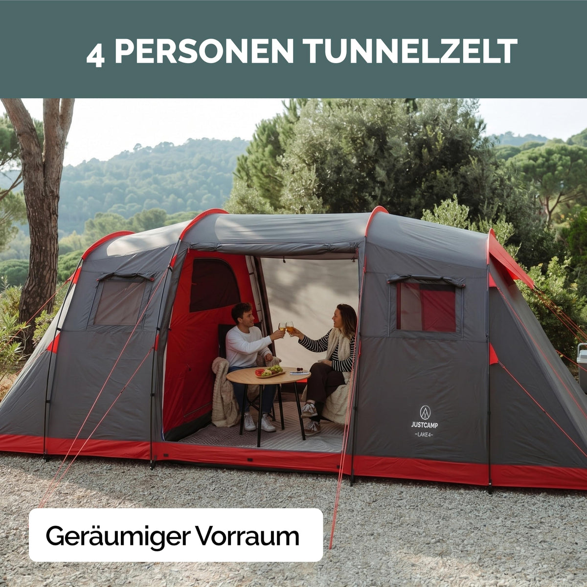JUSTCAMP Lake Familienzelt für 4 Personen - wasserdichtes Tunnelzelt mit 2 Schlafkabinen, großem Vorraum & Stehhöhe - Campingzelt mit eingenähtem Boden, Moskitonetz und 2 Eingängen