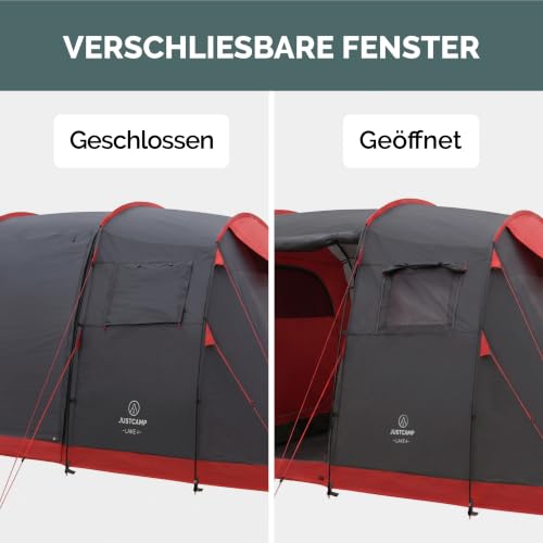 JUSTCAMP Lake Familienzelt für 4 Personen - wasserdichtes Tunnelzelt mit 2 Schlafkabinen, großem Vorraum & Stehhöhe - Campingzelt mit eingenähtem Boden, Moskitonetz und 2 Eingängen