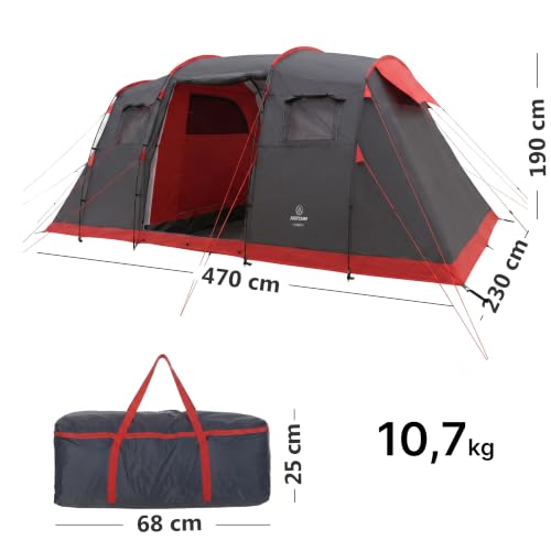 JUSTCAMP Lake Familienzelt für 4 Personen - wasserdichtes Tunnelzelt mit 2 Schlafkabinen, großem Vorraum & Stehhöhe - Campingzelt mit eingenähtem Boden, Moskitonetz und 2 Eingängen