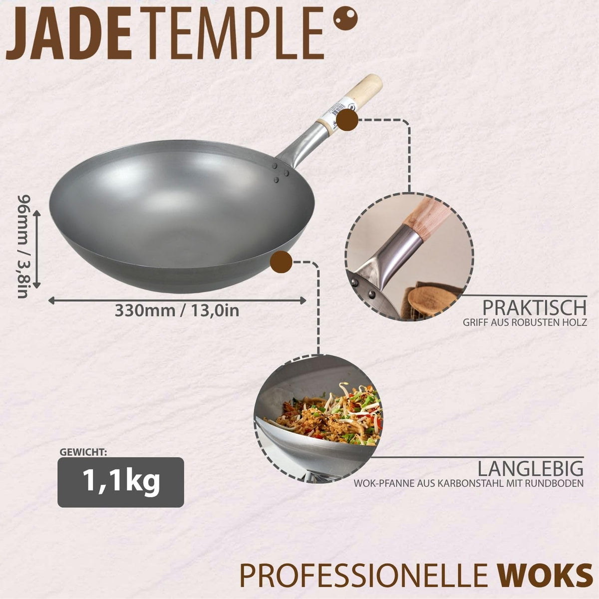 JADE TEMPLE Wok aus Carbonstahl, mit rundem Boden und 33 cm Durchmesser, mit rundem Holzgriff, 56 x 35 x 25.5 cm, Grau