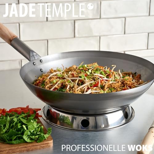 JADE TEMPLE Wok aus Carbonstahl, mit rundem Boden und 33 cm Durchmesser, mit rundem Holzgriff, 56 x 35 x 25.5 cm, Grau