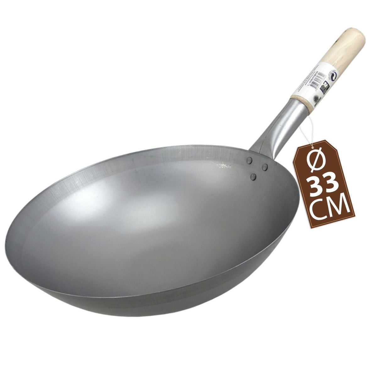 JADE TEMPLE Wok aus Carbonstahl, mit rundem Boden und 33 cm Durchmesser, mit rundem Holzgriff, 56 x 35 x 25.5 cm, Grau