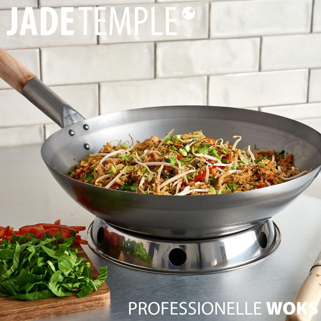 JADE TEMPLE Wok aus Carbonstahl, mit rundem Boden und 33 cm Durchmesser, mit rundem Holzgriff, 56 x 35 x 25.5 cm, Grau