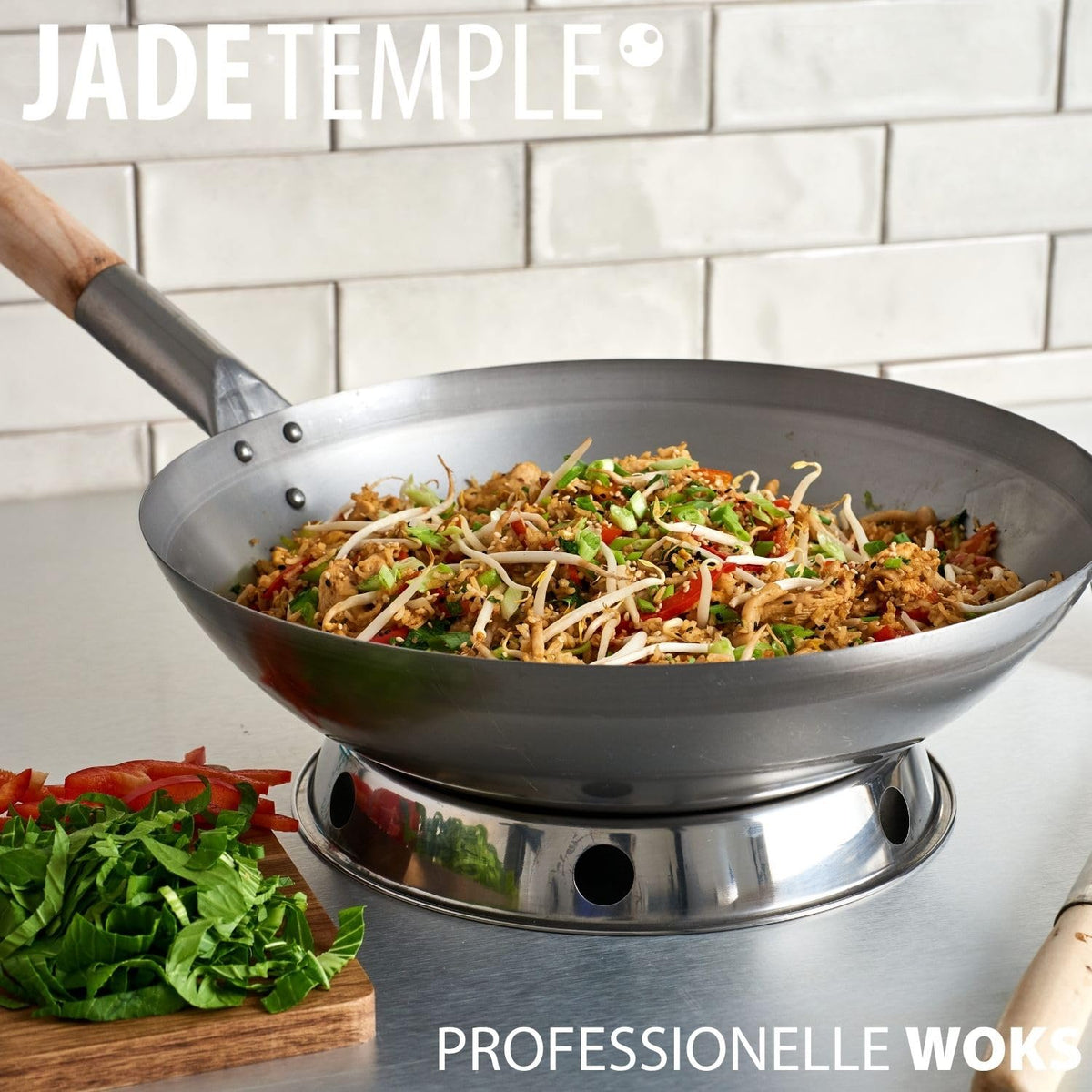 JADE TEMPLE Wok aus Carbonstahl, mit rundem Boden und 33 cm Durchmesser, mit rundem Holzgriff, 56 x 35 x 25.5 cm, Grau