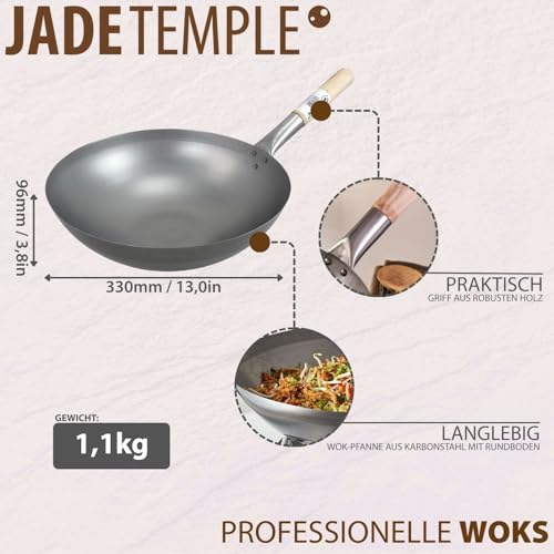 JADE TEMPLE Wok aus Carbonstahl, mit rundem Boden und 33 cm Durchmesser, mit rundem Holzgriff, 56 x 35 x 25.5 cm, Grau