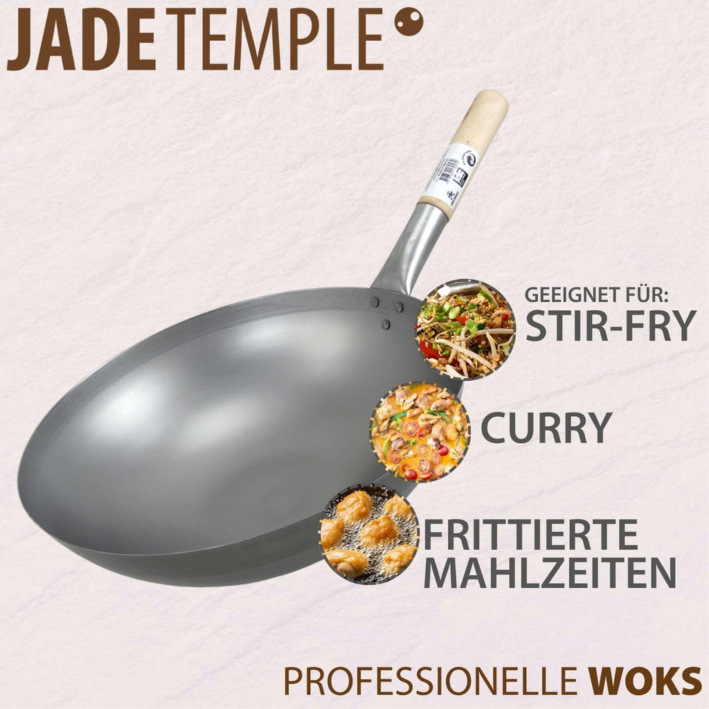 JADE TEMPLE Wok aus Carbonstahl, mit rundem Boden und 33 cm Durchmesser, mit rundem Holzgriff, 56 x 35 x 25.5 cm, Grau
