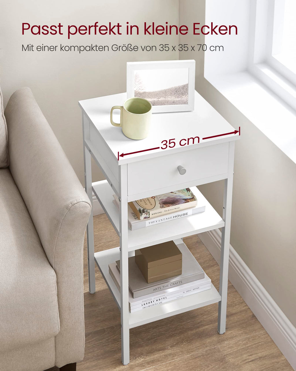 VASAGLE Nachttisch, Beistelltisch, mit 1 Schublade und 2 offenen Fächern