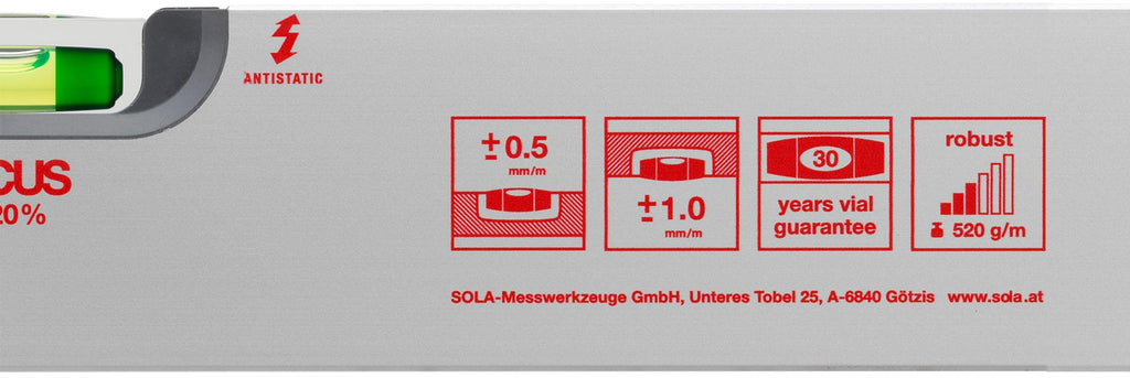 SOLA AV Wasserwaage 200cm - Präzise Wasserwaage für Profis, Patentierte SOLA-FOCUS Libellen, Bessere Ablesbarkeit bei Dämmerlicht, Robustes Aluminiumprofil, 30 Jahre Dichtheitsgarantie