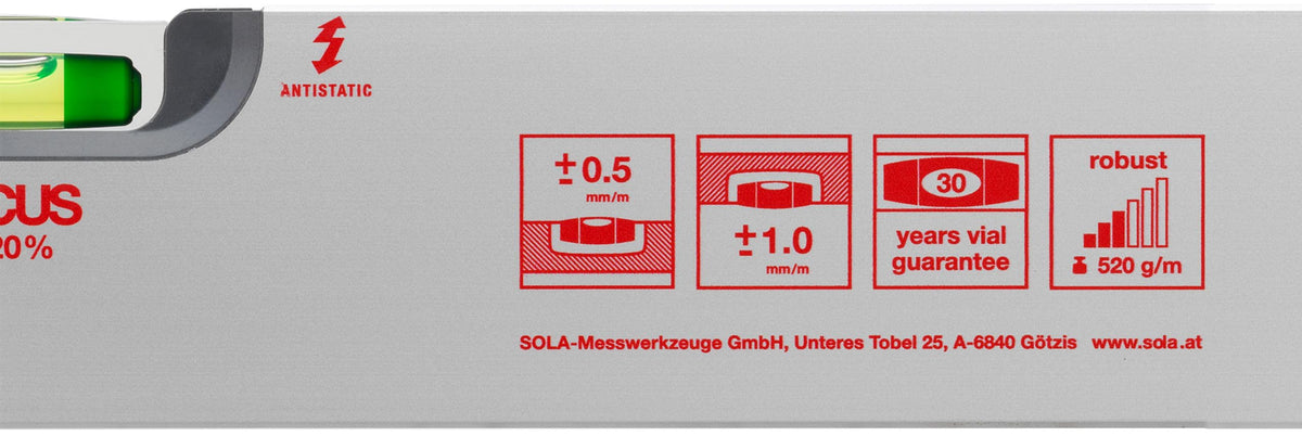 SOLA AV Wasserwaage 200cm - Präzise Wasserwaage für Profis, Patentierte SOLA-FOCUS Libellen, Bessere Ablesbarkeit bei Dämmerlicht, Robustes Aluminiumprofil, 30 Jahre Dichtheitsgarantie