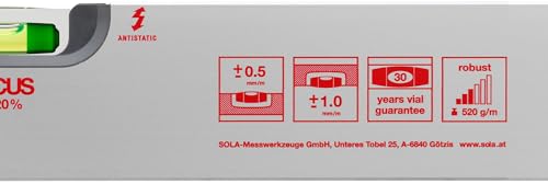 SOLA AV Wasserwaage 200cm - Präzise Wasserwaage für Profis, Patentierte SOLA-FOCUS Libellen, Bessere Ablesbarkeit bei Dämmerlicht, Robustes Aluminiumprofil, 30 Jahre Dichtheitsgarantie