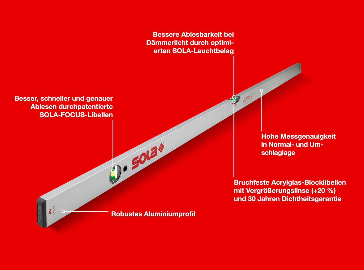 SOLA AV Wasserwaage 200cm - Präzise Wasserwaage für Profis, Patentierte SOLA-FOCUS Libellen, Bessere Ablesbarkeit bei Dämmerlicht, Robustes Aluminiumprofil, 30 Jahre Dichtheitsgarantie