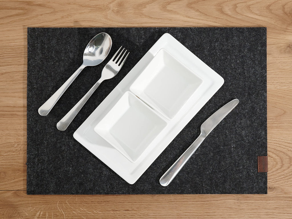 Tischset aus Filz, Weiche Tischunterlage & Tischmatte aus Natur-Wollfilz, Merinowolle Platzset, Anthrazit, Hellgrau meliert, Senfgelb, Lagune – 32 x 44 cm