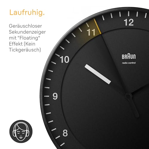 Braun Klassische große Funkwanduhr Mitteleuropäische Zeitzone (MEZ/GMT+1) mit leisem Uhrwerk, leicht lesbares Zifferblatt, 30cm Durchmesser, schwarzes Modell BC17B-DCF.