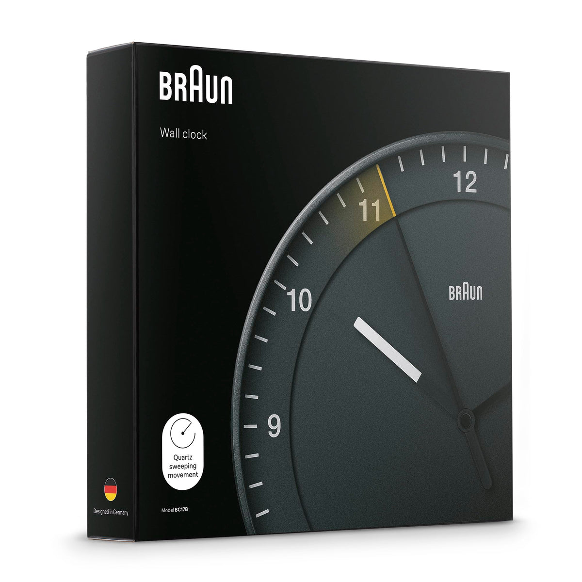 Braun Klassische große Funkwanduhr Mitteleuropäische Zeitzone (MEZ/GMT+1) mit leisem Uhrwerk, leicht lesbares Zifferblatt, 30cm Durchmesser, schwarzes Modell BC17B-DCF.