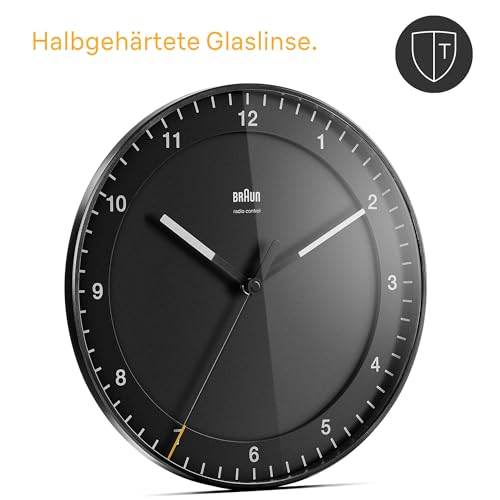 Braun Klassische große Funkwanduhr Mitteleuropäische Zeitzone (MEZ/GMT+1) mit leisem Uhrwerk, leicht lesbares Zifferblatt, 30cm Durchmesser, schwarzes Modell BC17B-DCF.