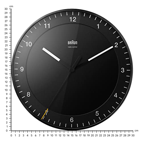 Braun Klassische große Funkwanduhr Mitteleuropäische Zeitzone (MEZ/GMT+1) mit leisem Uhrwerk, leicht lesbares Zifferblatt, 30cm Durchmesser, schwarzes Modell BC17B-DCF.