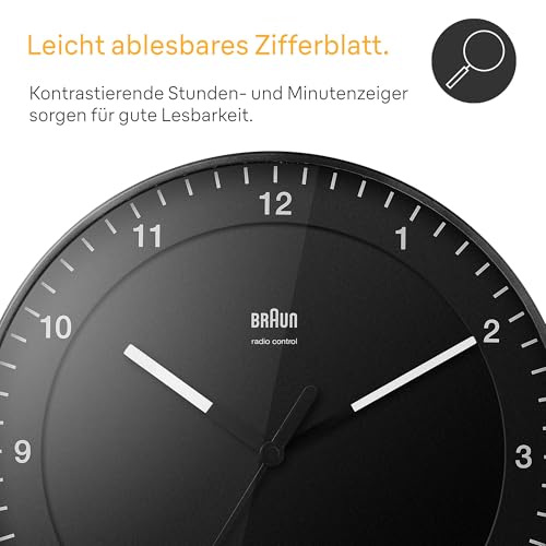 Braun Klassische große Funkwanduhr Mitteleuropäische Zeitzone (MEZ/GMT+1) mit leisem Uhrwerk, leicht lesbares Zifferblatt, 30cm Durchmesser, schwarzes Modell BC17B-DCF.