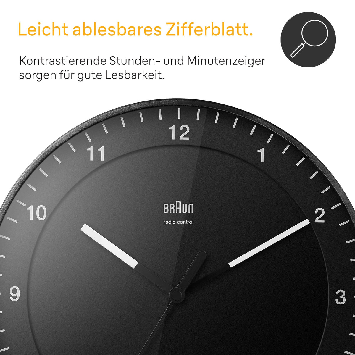 Braun Klassische große Funkwanduhr Mitteleuropäische Zeitzone (MEZ/GMT+1) mit leisem Uhrwerk, leicht lesbares Zifferblatt, 30cm Durchmesser, schwarzes Modell BC17B-DCF.