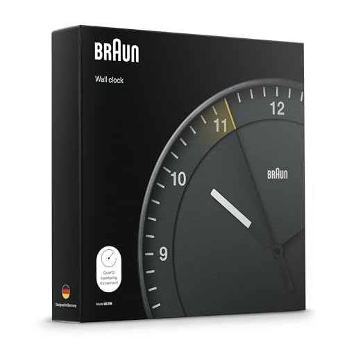 Braun Klassische große Funkwanduhr Mitteleuropäische Zeitzone (MEZ/GMT+1) mit leisem Uhrwerk, leicht lesbares Zifferblatt, 30cm Durchmesser, schwarzes Modell BC17B-DCF.